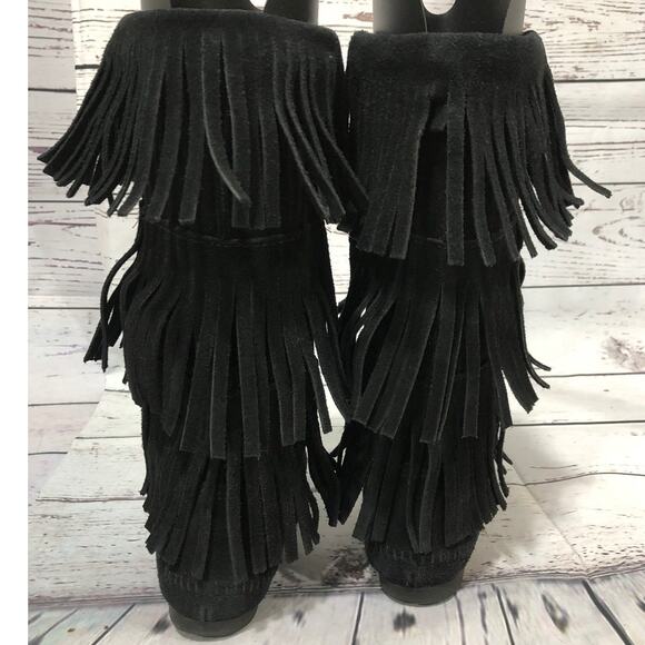 Minnetonka 3-Layer Black Fringe Boot 12" tall cowgirl western size 7 - Picture 9 of 13